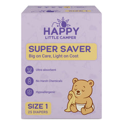 Happy Little Camper Super Saver Diapers Size 1 front pack view for budget-friendly daily use.