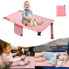 Happy Nest toddler airplane bed setup in seat, cozy travel sleep aid.