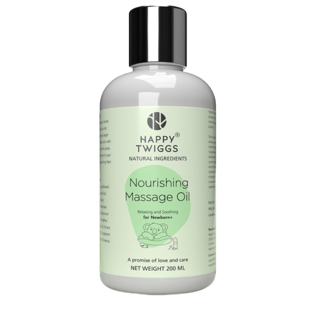 Happy Twiggs Organic Massage Oil bottle delivering versatile hydration