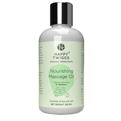 Happy Twiggs Organic Massage Oil bottle delivering versatile hydration