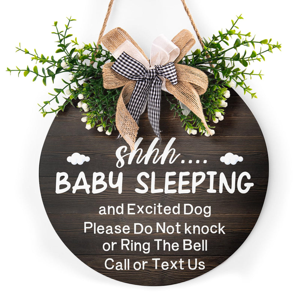 Harooni baby sleeping sign for front door 12x12 inches, ideal nursery entry decor.