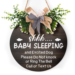 Harooni baby sleeping sign for front door 12x12 inches, ideal nursery entry decor.