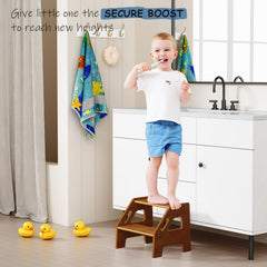 Harwaya walnut brown toddler step stool supports brushing teeth at the sink.