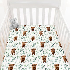 HawSkgFub Highland Cow Eucalyptus Leaf crib sheet offers a snug fit for secure sleep