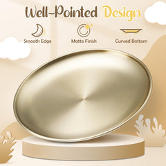 HaWare oven-safe stainless steel plate demonstrating versatile reheating options.
