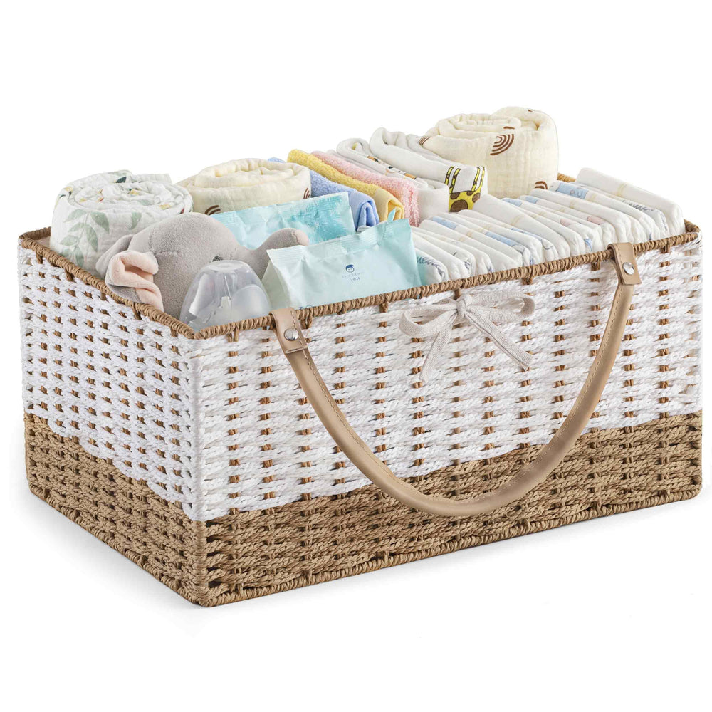 HBlife Diaper Caddy Organizer front view highlights durable hand-woven basket for nursery organization.