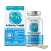 Health and Her perimenopause bottle: vegan multi-nutrient support for early menopausal changes.
