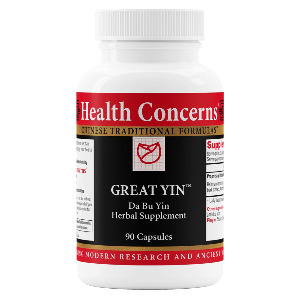 Health Concerns Great Yin bottle front promotes menopause support and calm evening hot flashes