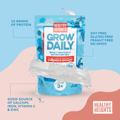 Pouring Healthy Heights Grow Daily plain powder into a glass for a neutral-tasting shake
