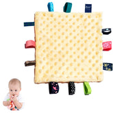 HECCEI Baby Cozy Plush Tag Blanket yellow with satin tags for comforting sensory play