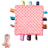 HECCEI baby security blanket close-up of colorful tags for tactile exploration.