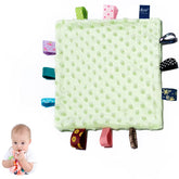 HECCEI green baby security blanket with colorful satin tags for sensory play