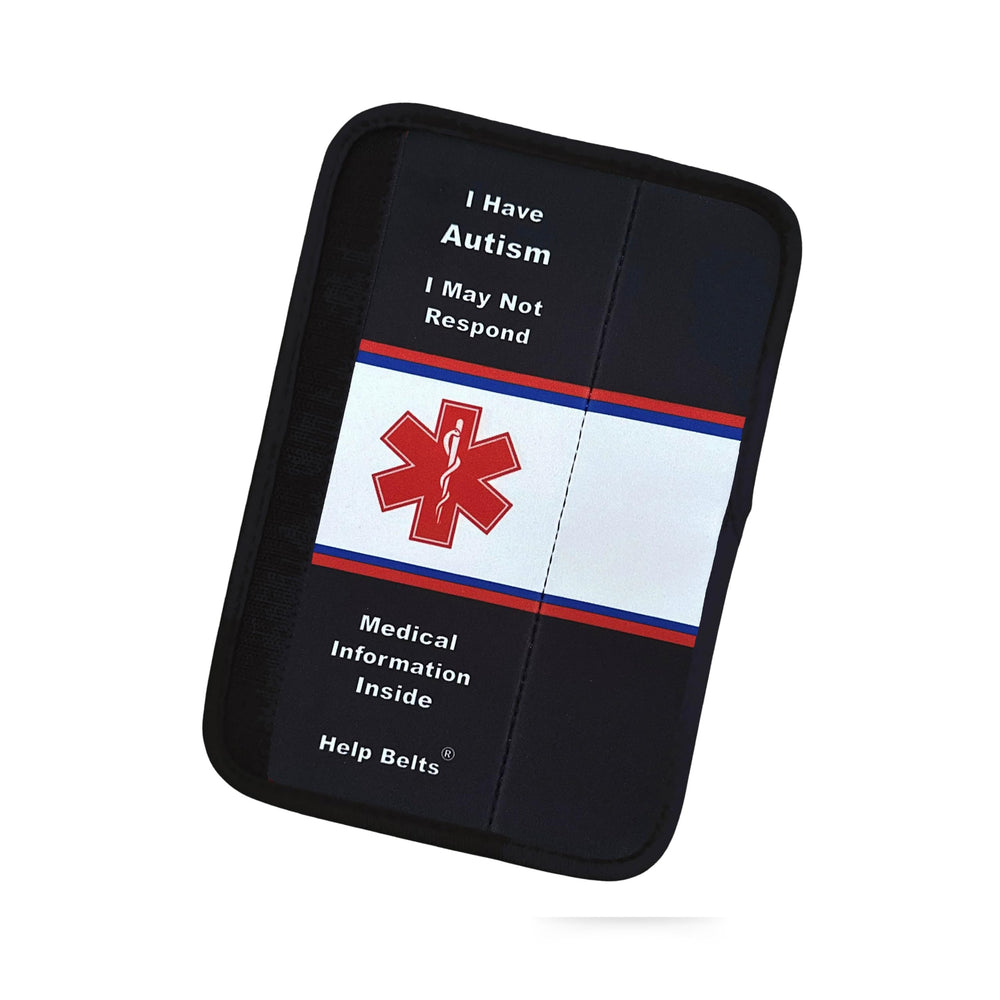 Help Belts autism awareness seatbelt cover with a medical pocket for quick info.