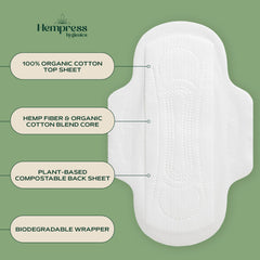 Hempress Hygienics ultra-absorbent pad layers for reliable daytime protection.