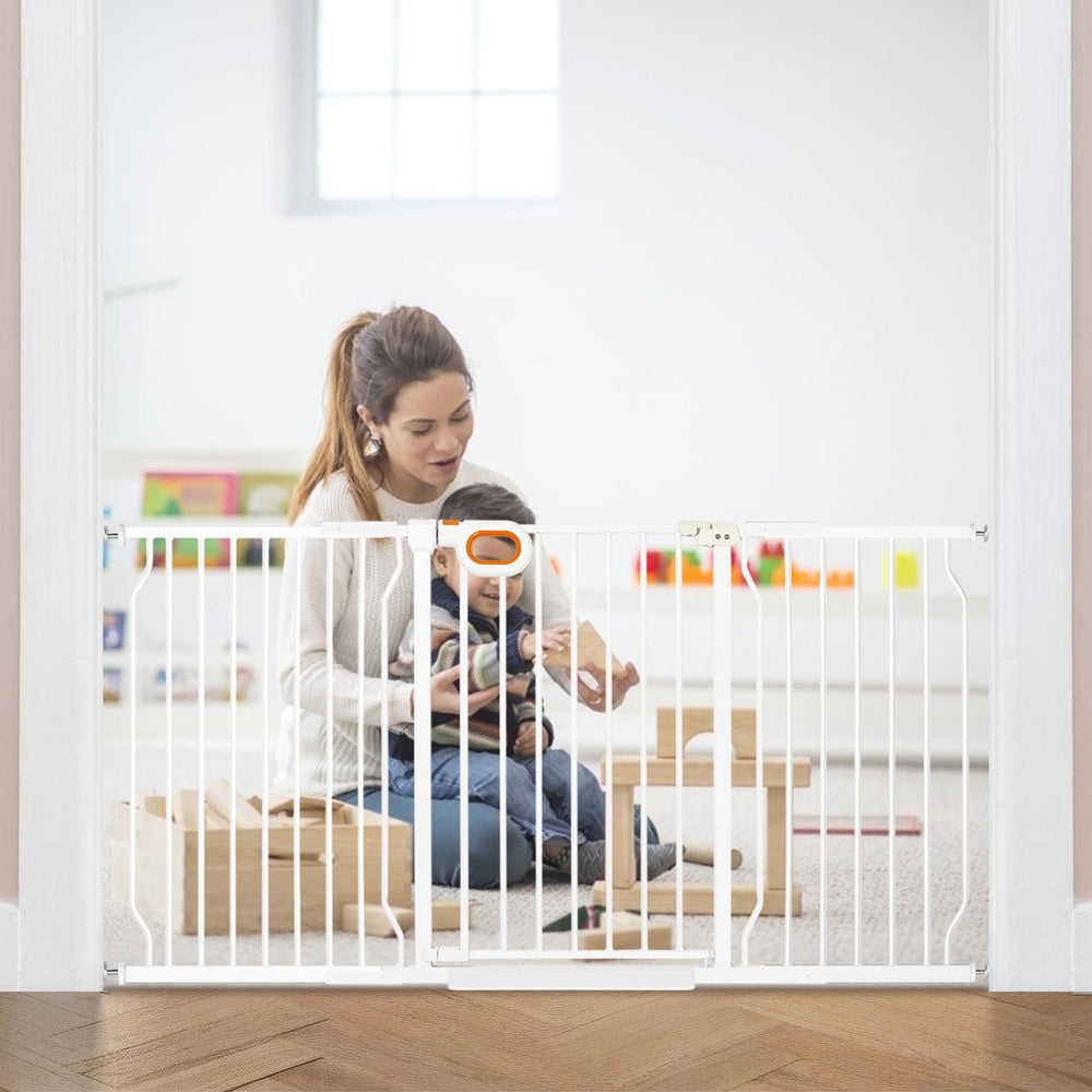 Hemroro extra wide baby gate with door closed for safe passage control