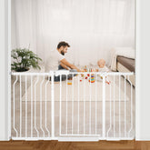 HEMRORO extra wide baby gate on stairs with walk through door for easy access.
