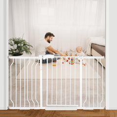 HEMRORO extra wide baby gate on stairs with walk through door for easy access.