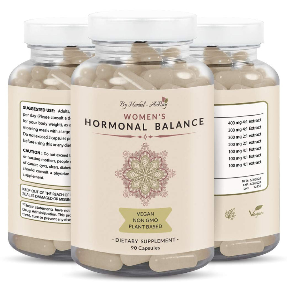 Herbal-avRay Hormone Balance bottle with veggie capsules for natural mood support.