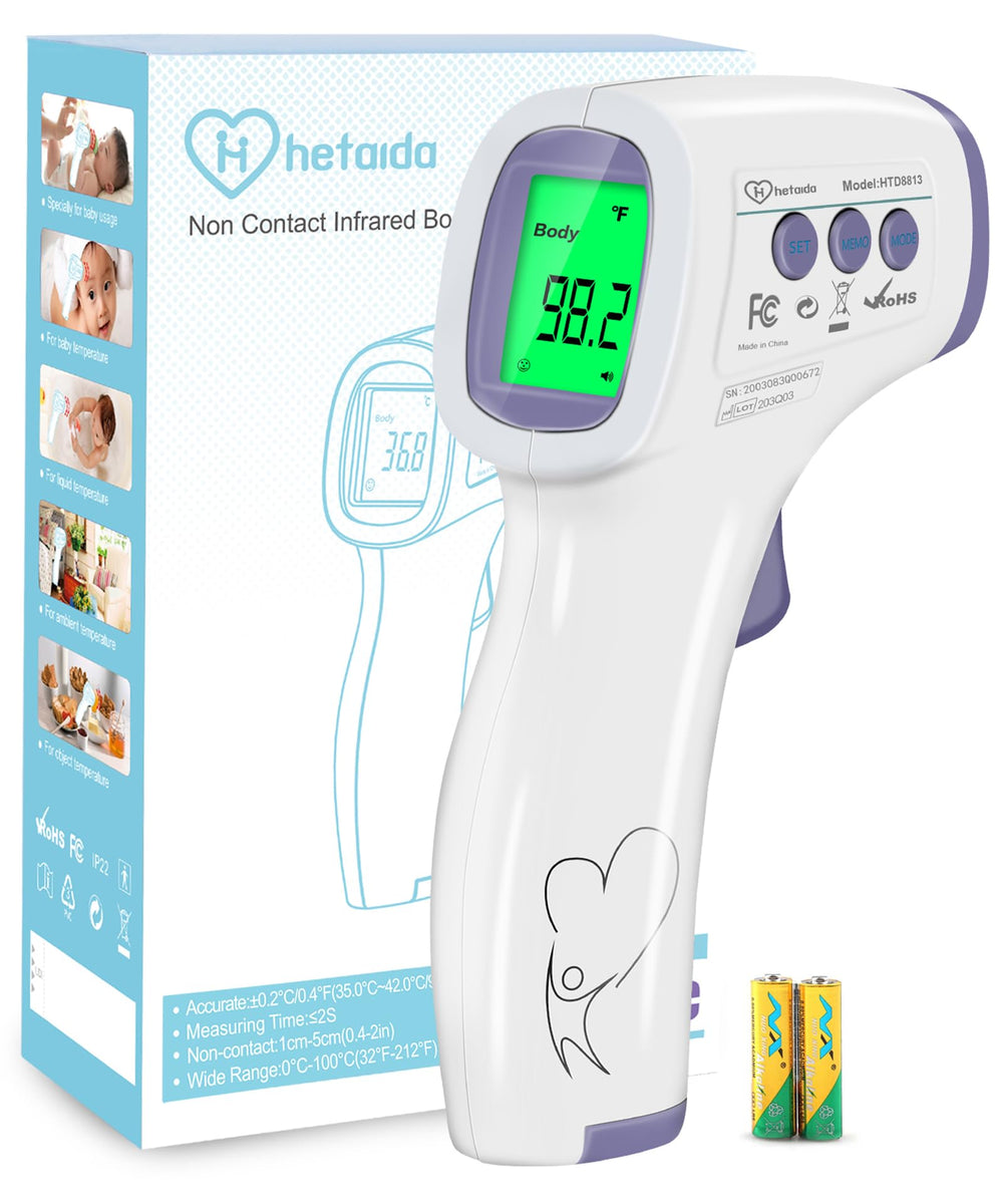 Hetaida digital thermometer in non-contact forehead mode for safe family checks.