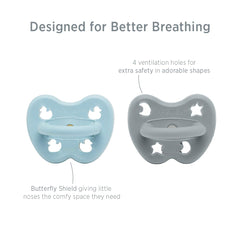 HEVEA pacifier ventilation-holes design in Thunder Grey keeps teat soft.