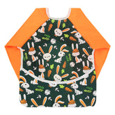 Hi Sprout rabbit-pattern sleeved bib worn by baby for mess-free meals.