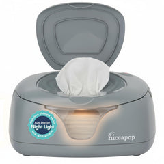 Hiccapop baby wipe warmer with top-heat design keeps wipes warm for quick changes.