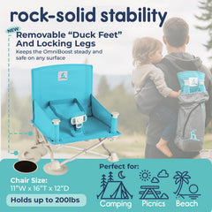 Hiccapop OmniBoost tip-free base provides stable seating on sand or grass.