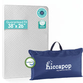Hiccapop playard mattress pad demonstrates snug 38x26 fit for a stable sleep space.