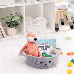HiChen cat toy basket in gray, a cute nursery accent that keeps small items tidy.
