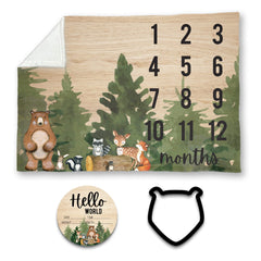 Hickory Hollow Designs woodland milestone blanket laid out for monthly photo sessions