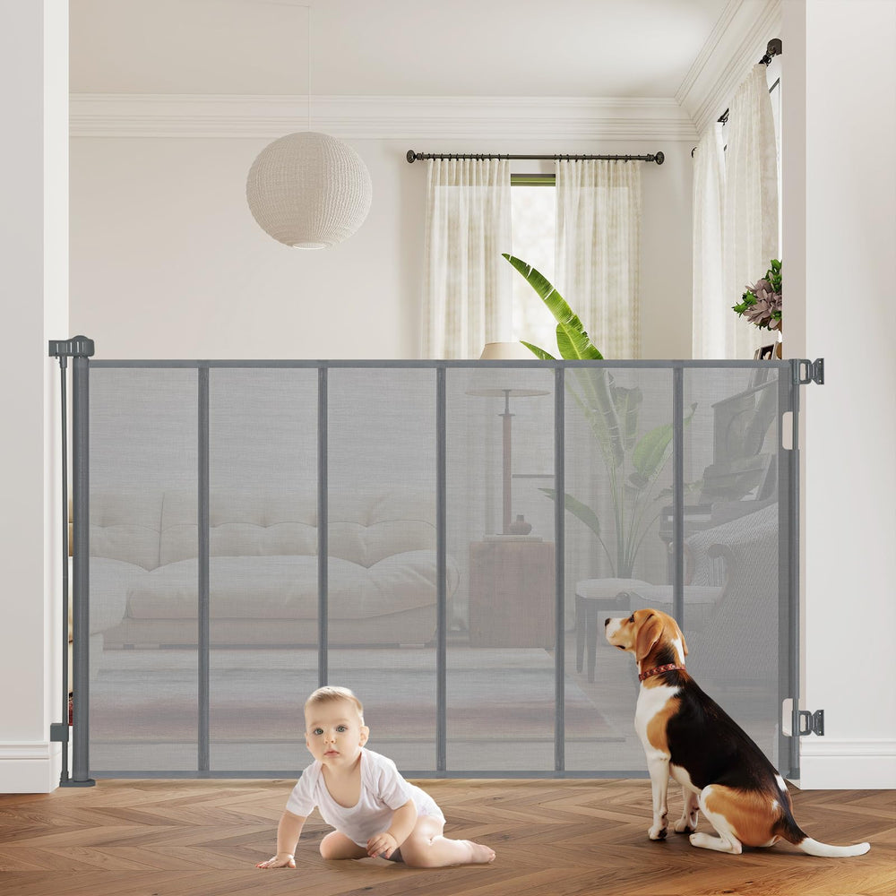 HIDODO 47-inch gate; tall, clear mesh for watching children safely.
