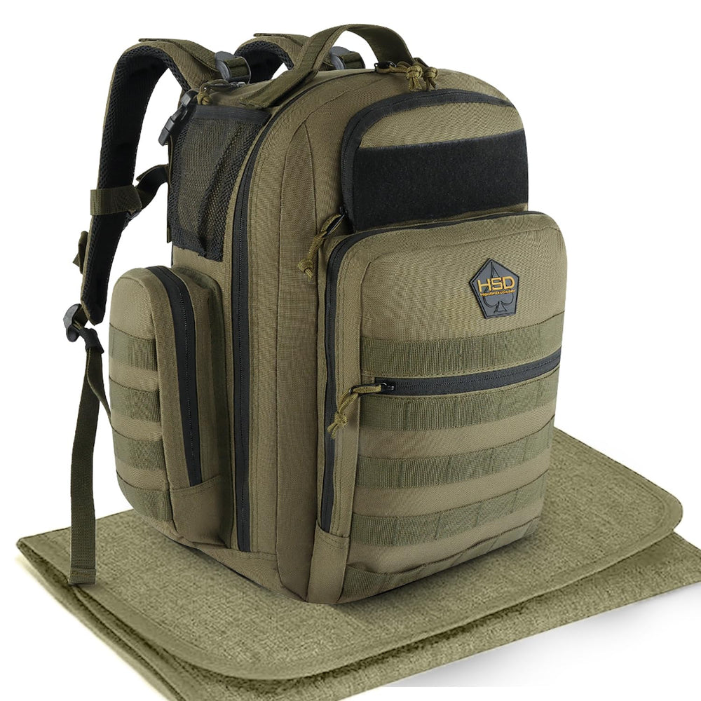 HighSpeedDaddy Ranger Green diaper bag front view showing rugged durability.