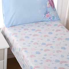 Hilabab unicorn fitted sheet provides a secure, snug fit on a toddler bed.