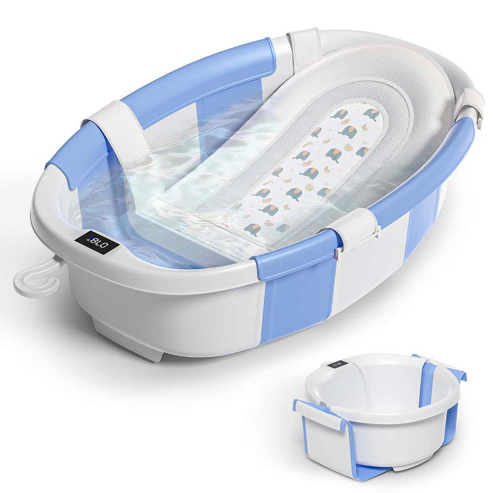 Himold collapsible baby bathtub folded for compact storage and travel