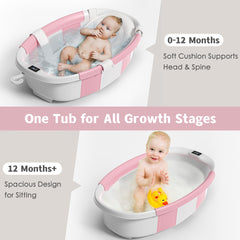 Himold collapsible bath tub in use showing spacious bathing area.