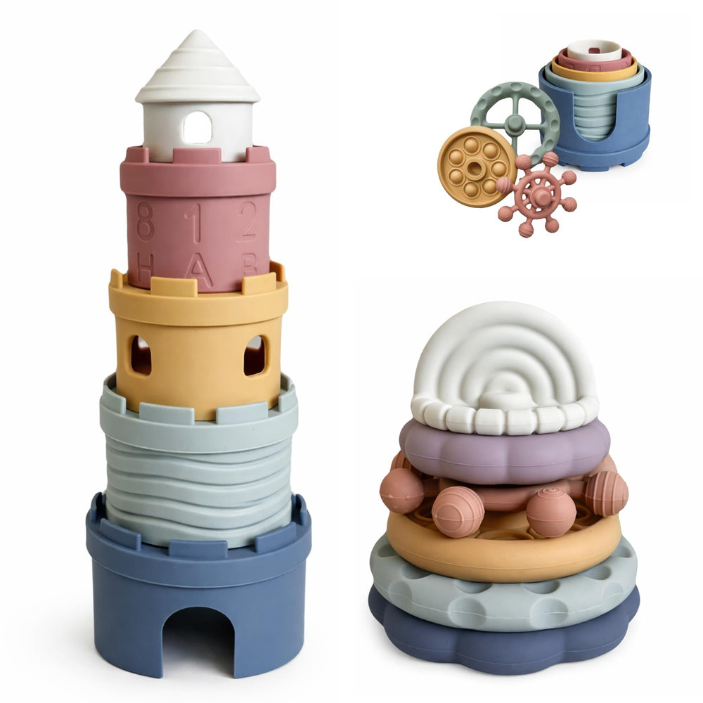Hippypotamus stacking cups and teether set, safe for chewing and motor skill development.