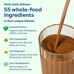 HIYA Kids Greens Powder chocolate in a milk-mix ready setup.