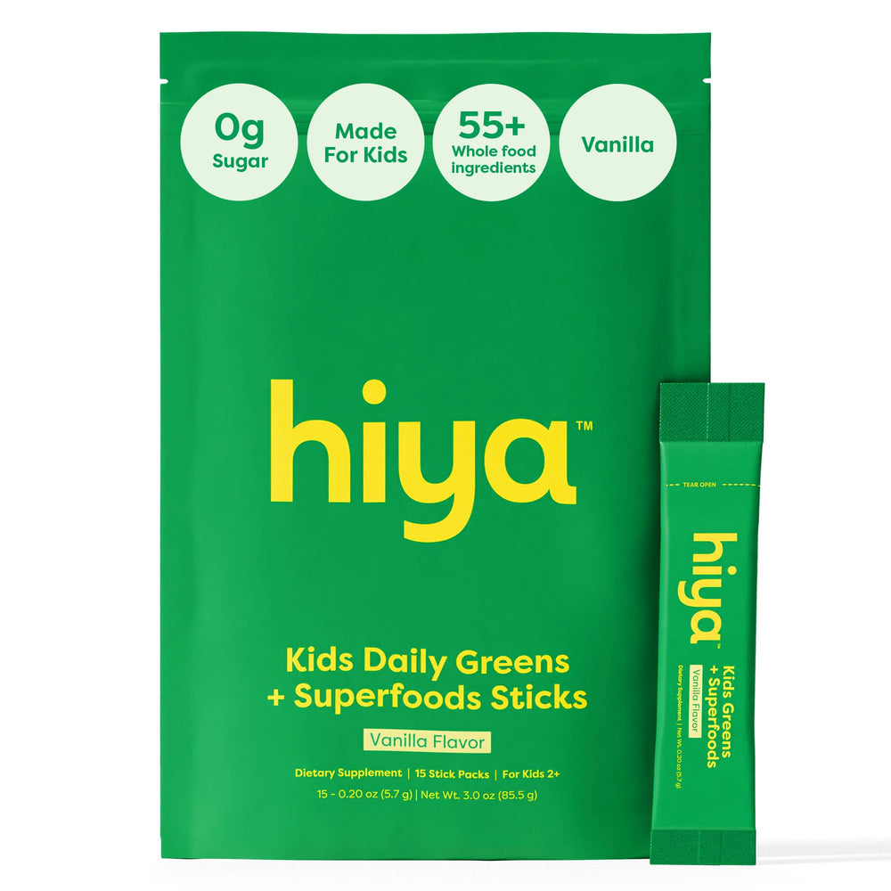 HIYA Kids Greens Powder Sticks vanilla tub, a kid-friendly nutrition boost for growing bodies.