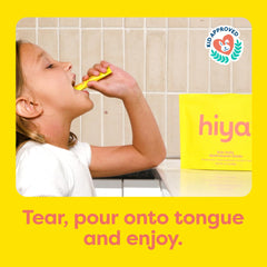 Hiya Kids Multivitamin poured on tongue shows sugar-free kid-friendly intake.