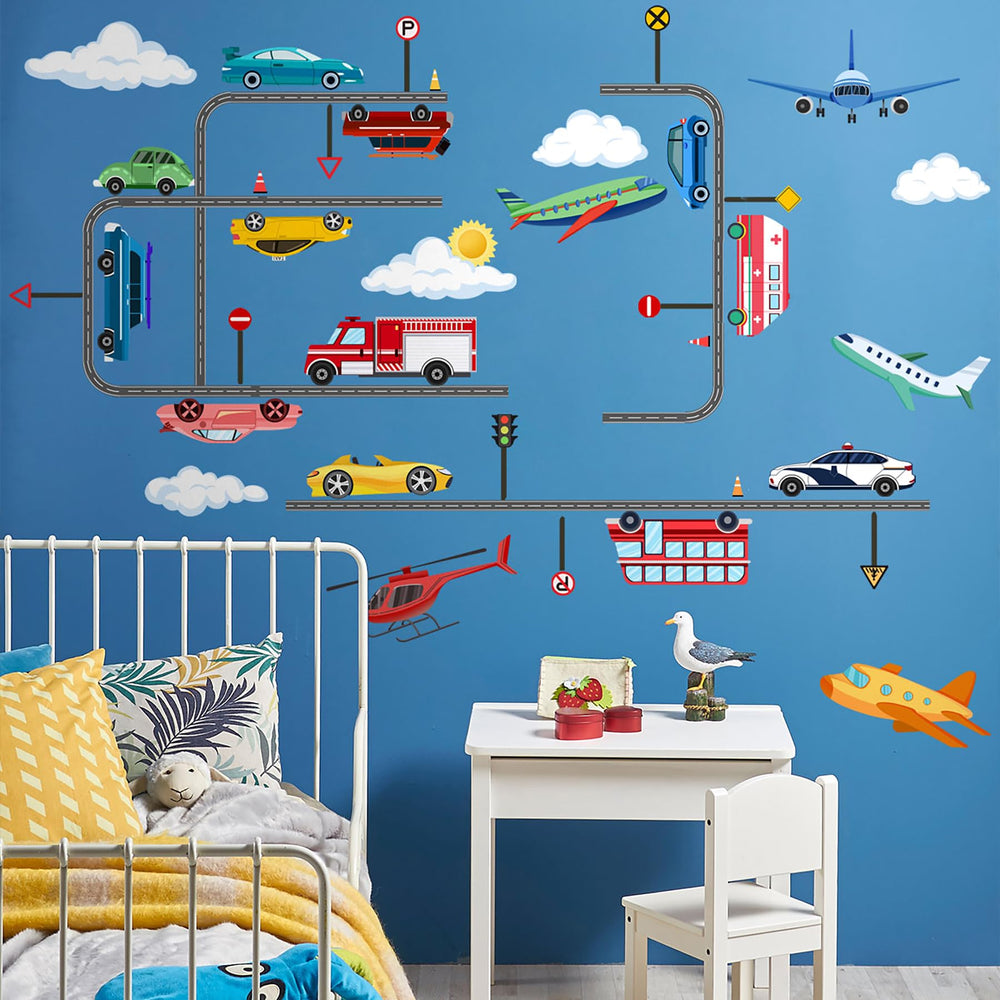 HJKlove airplane car road wall sticker for kids room with colorful vehicles and roads