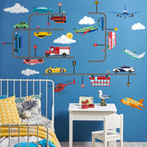 HJKlove airplane car road wall sticker for kids room with colorful vehicles and roads