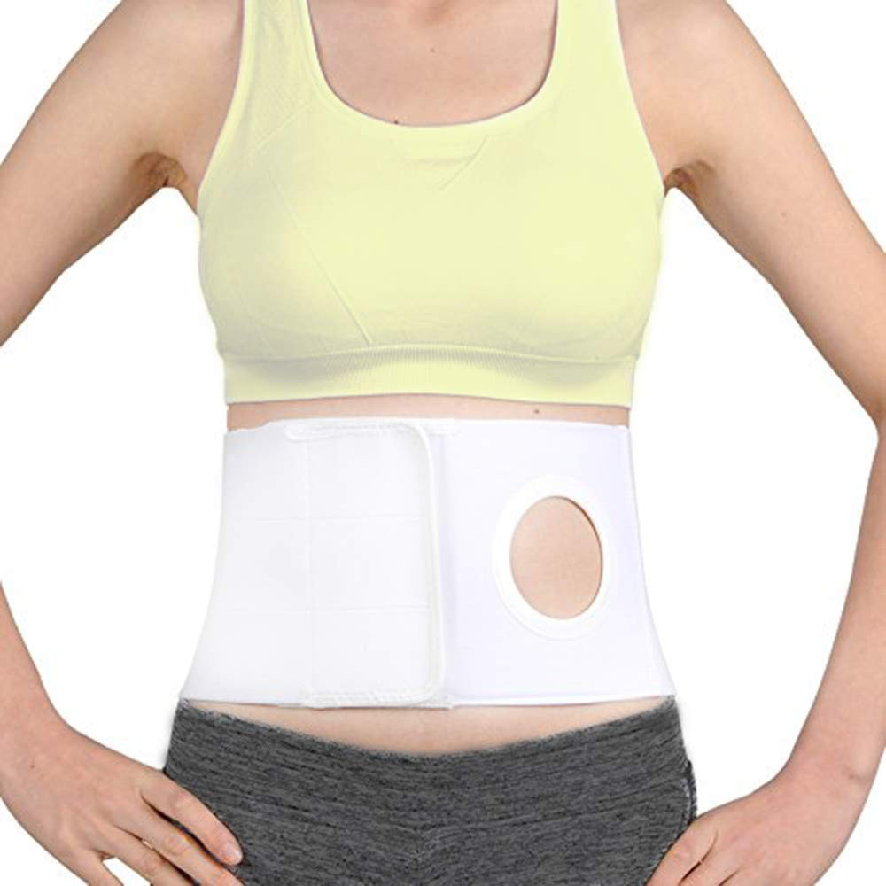 HKJD ostomy belt with 3-14 inch ring stabilizes left stoma and bag alignment.