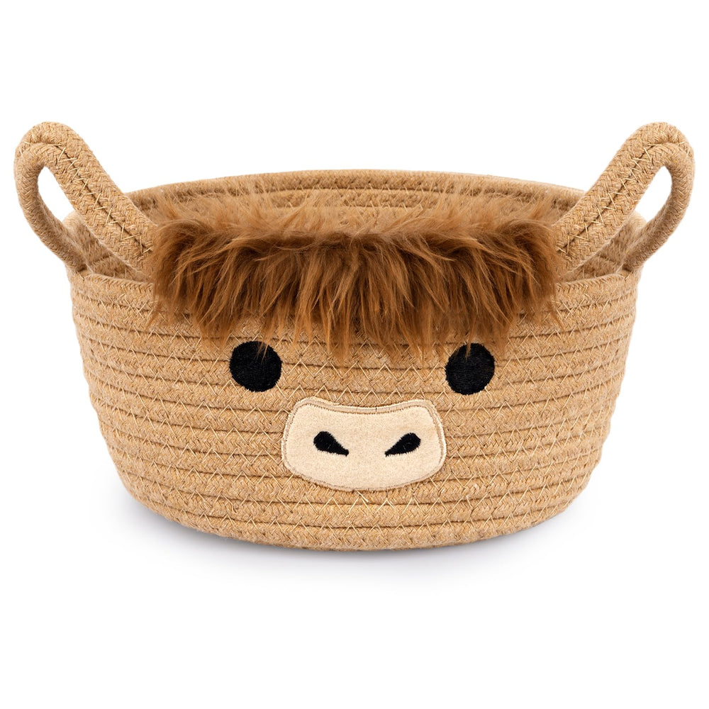 Hkojewp Highland Cow Basket with ears handles, ready for nursery storage.