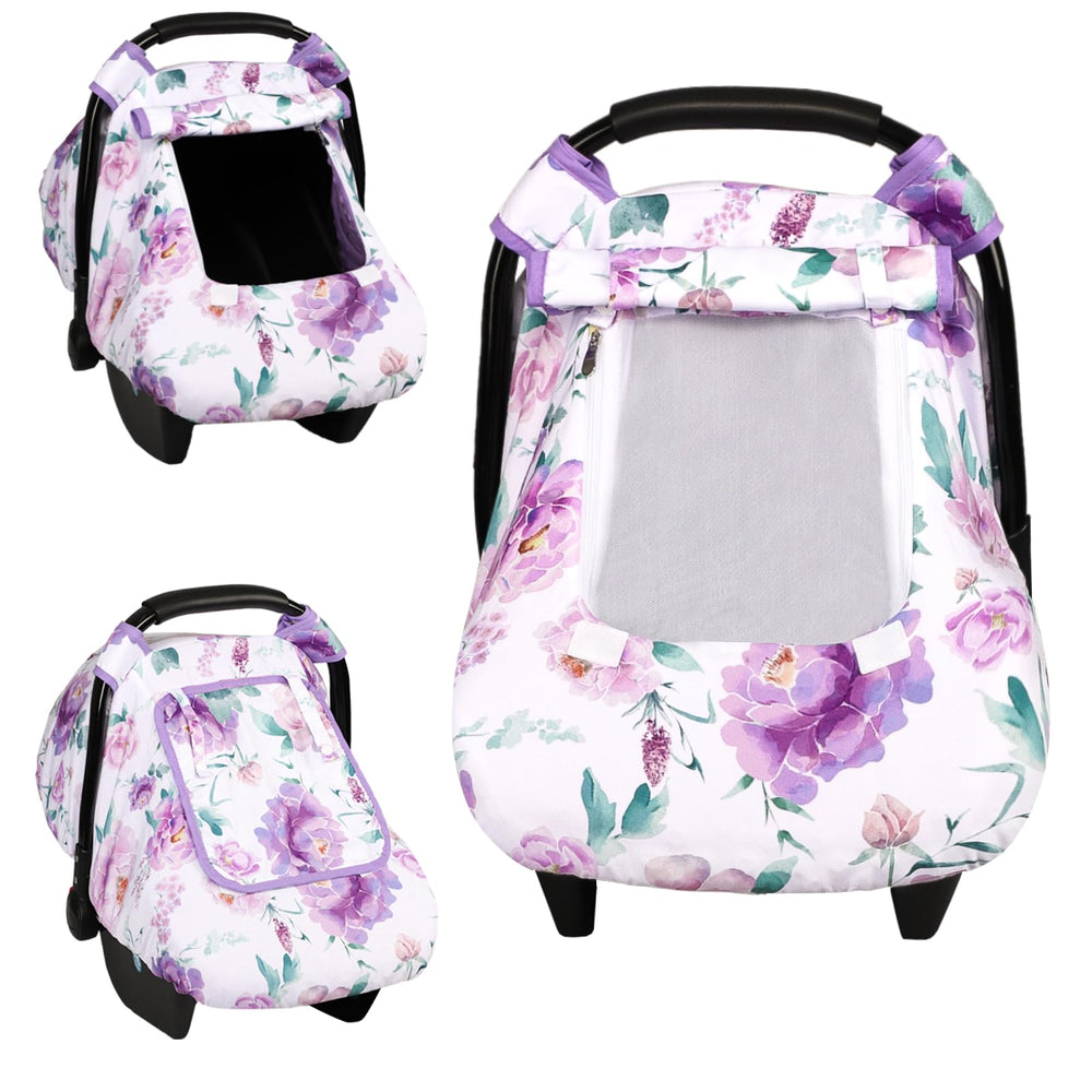 HNHUAMING car seat cover in purple flower pattern protects baby from sun and wind.
