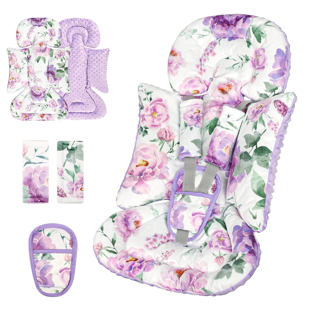 HNHUAMING infant car seat insert with purple floral pattern offers full-body comfort and versatile use.