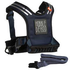 Hobble De Hoo blue harness front view for secure toddler walking.