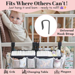 HOGARCOSAS organizer on changing table displaying large capacity for diapers and wipes.