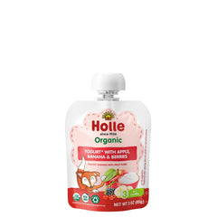 Holle baby yogurt pouch front view with apple banana and berry puree for easy on-the-go snack