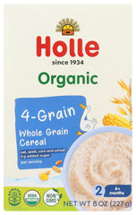 Holle Organic Four Grain Cereal packaging shown, highlighting organic ingredients for a gentle baby breakfast.