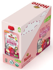 Holle organic ingredients image highlights apples, bananas, beets for a balanced baby snack